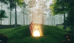 an open wooden door on a grassy hill in a forest with a gold light in the doorway