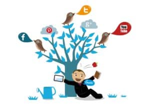 animated tree with social media platforms and person sitting at bottom