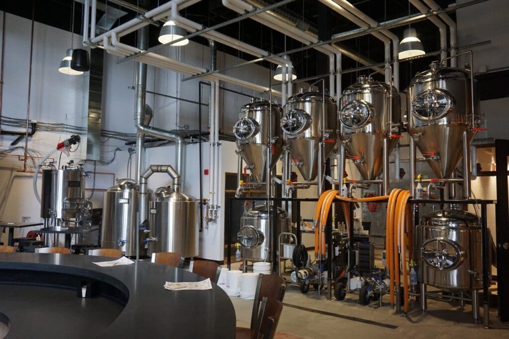 Interior of a brewery space with brew equipemnt