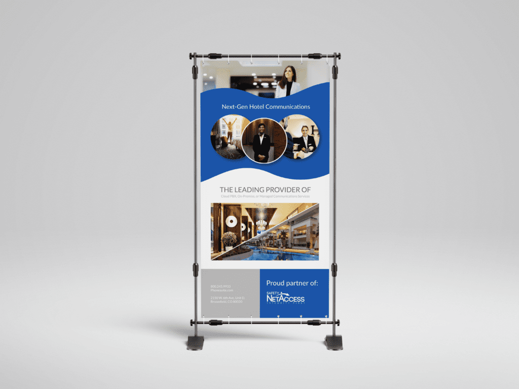 Trade show banner featuring phone communications products