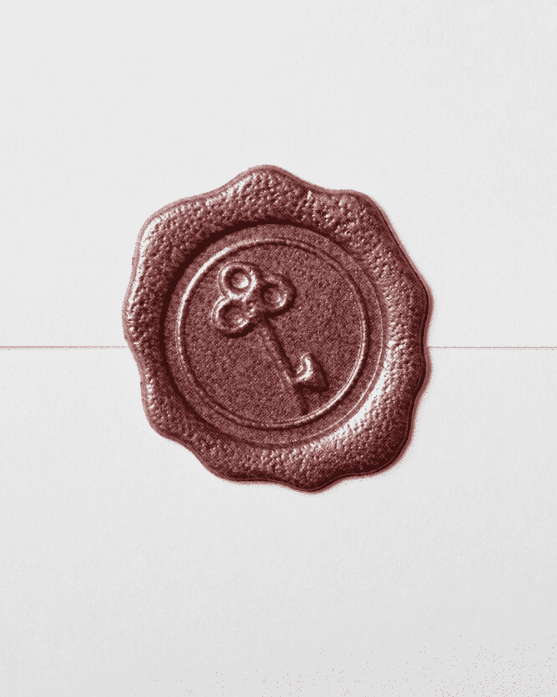 A red wax stamp with a key embossed sealing a white envelope.