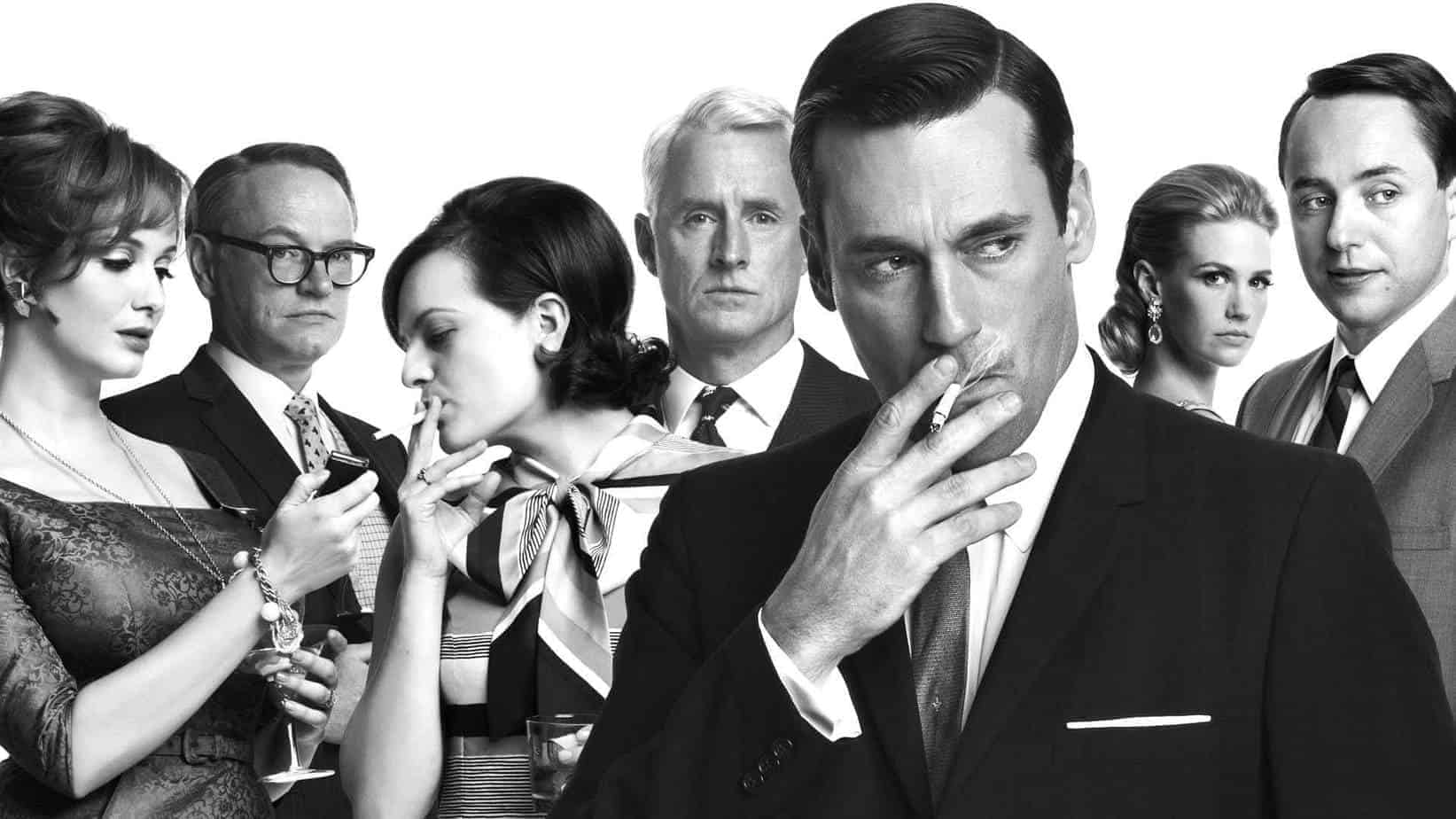 image of the mad men cast lighting cigarettes or standing nearby