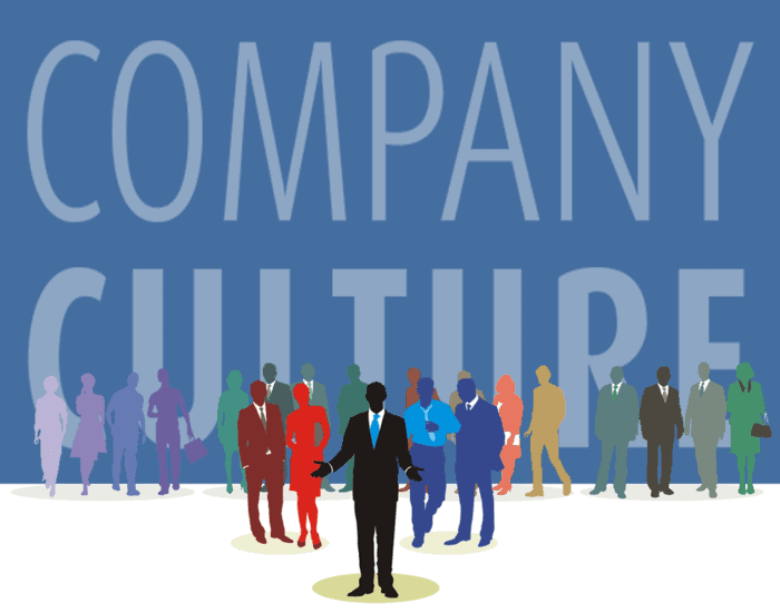 an illustration of business people standing in front of a large blue square with the words "company culture"