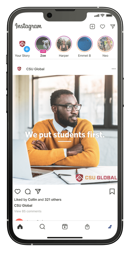 Phone screen featuring CSU Global's Instagram account