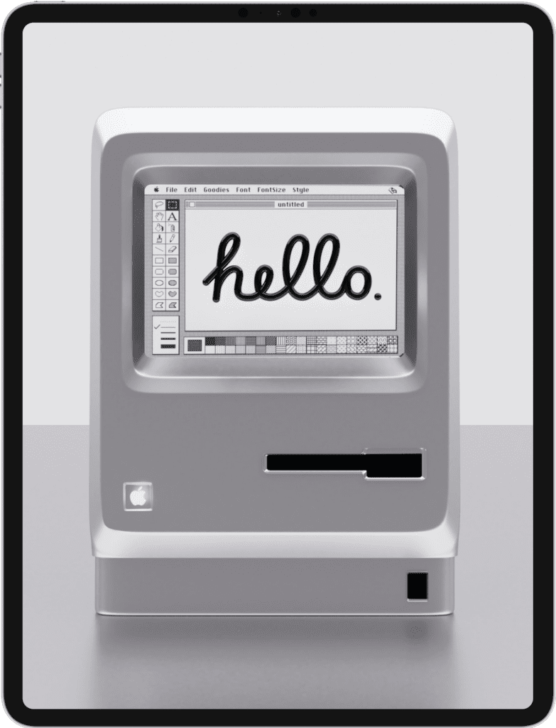 iPad featuring an old Apple device saying "hello"