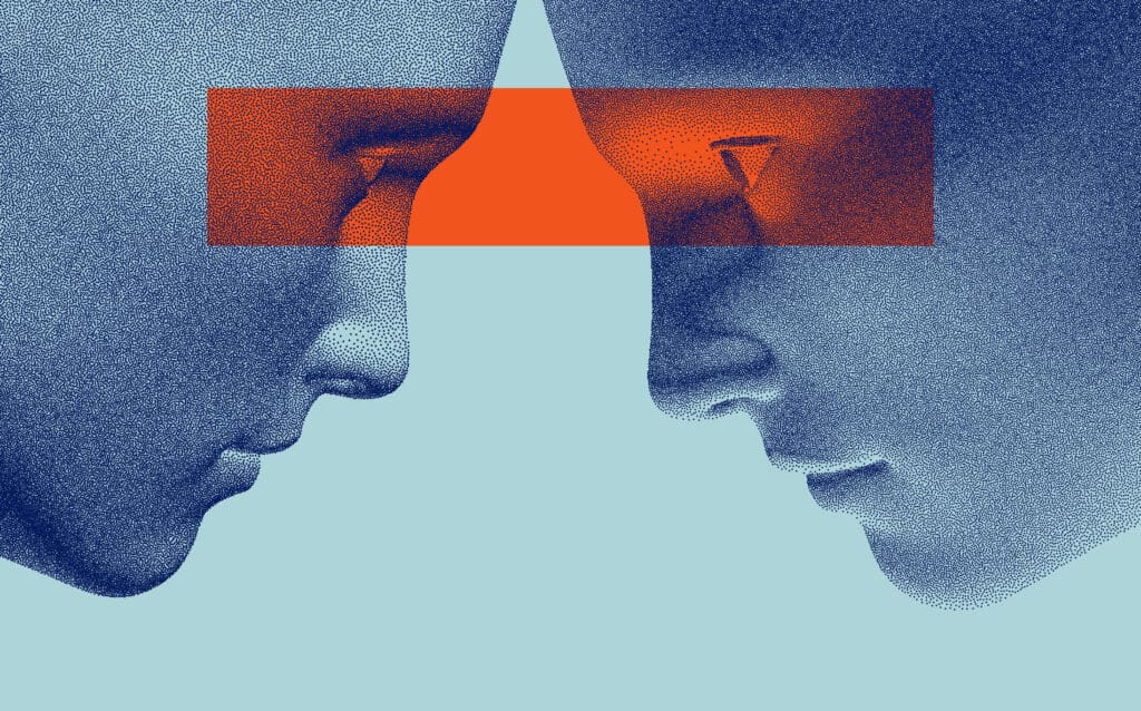 Two heads face to face with an orange line connecting their eyes
